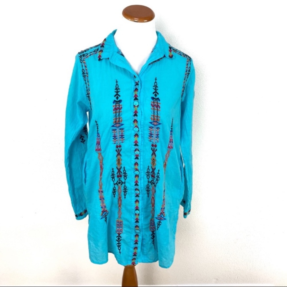 Johnny Was Biya Blue Button Down Embroidered Blouse Top Women’s Sz Small